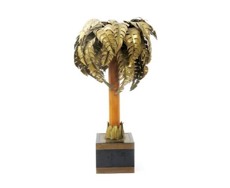 A large Palm Tree table lamp in the manner of Maison Jansen, with bamboo stem and patinated brass leaves and square base, uns