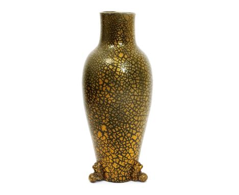 A rare Sunflower Pottery vase by Sir Edmund Elton,  shouldered form on three modelled grotesque feet, covered in a crackled g