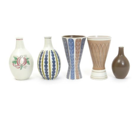 A Poole Pottery Contemporary Carafe vase, pattern YCS, painted with foliate columns, in colours on a white ground, two other 