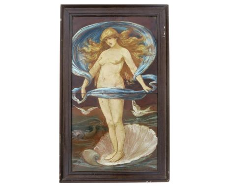 An Art Nouveau Doulton Lambeth two-tile plaque by Fanny Elliott, painted with a naked Venus holding a swirling scarf and stan