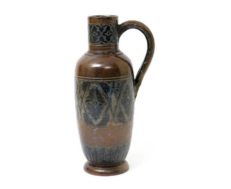 A Martin Brothers stoneware jug by Robert Wallace Martin, dated 1878, slender, shouldered form, incised with a frieze of pane