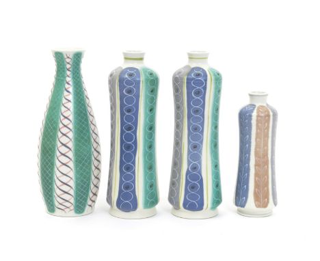 Two Poole Pottery Contemporary vases, pattern PLT, slender waisted cylindrical form painted with columns in pale blue, grey a