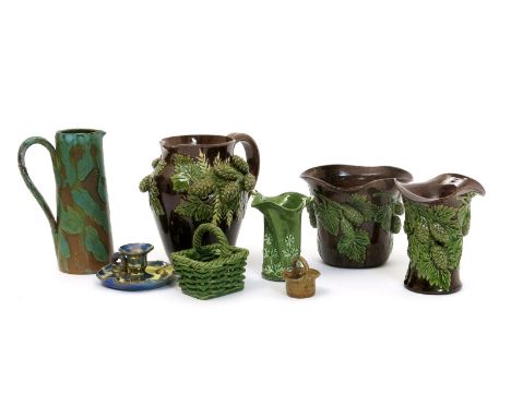 A Rye Pottery jug, shouldered form, applied with cob nuts , glazed green on a brown ground, two vases similar, two miniature 