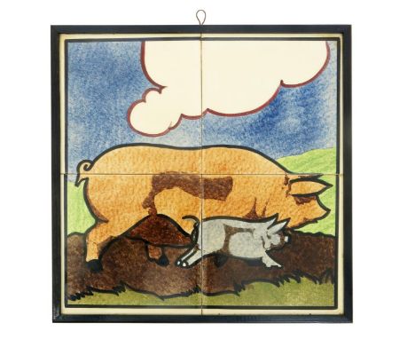 A Carter & Company Poole Pottery Farmyard Series four tile panel designed by E.E. Stickland, made for Dewhurst butchers,  han