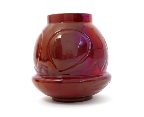 A Carter's Poole Pottery lustre vase designed by Owen Carter,  swollen ovoid form with collar rim, covered in a red lustre gl