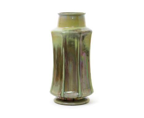 A Carter's Poole Pottery tall lustre vase designed by Owen Carter,  dated 1906, waisted, cylindrical form, covered in a strea