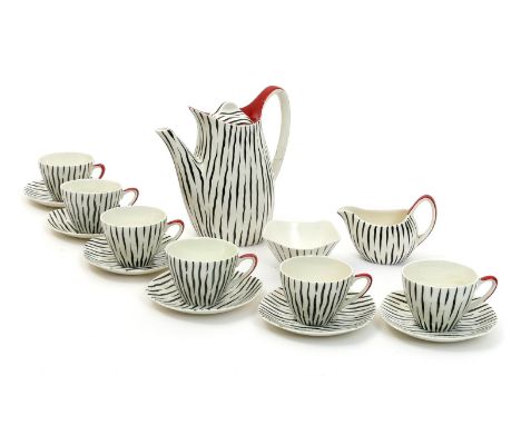 A Midwinter Pottery Zambesi Fashion Shape coffee set for six,  printed with black zebra stripe design, highlighted in coral r