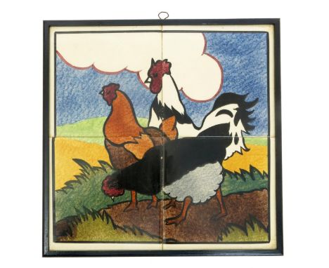 A Carter & Company Poole Pottery Farmyard Series four tile panel designed by E.E. Stickland, made for Dewhurst butchers,  han
