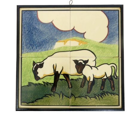 A Carter & Company Poole Pottery Farmyard Series four tile panel designed by E.E. Stickland, made for Dewhurst butchers,  han