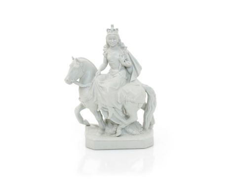 May Queen an unrecorded Chelsea stoneware sculpture by Charles Vyse,  modelled riding side saddle, wearing a crown and holdin