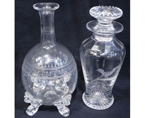 Stuart Crystal cock fighting decanter and another lacking stopper, tallest H: 22 cm. P&amp;P Group 3 (£25+VAT for the first l