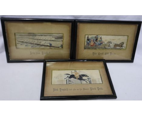 Three framed Stevengraphs: Dick Turpin, Coaching and The Boat Race, 15 x 6 cm. P&amp;P Group 2 (£18+VAT for the first lot and