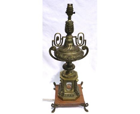 Brass table lamp on a marble base with tile insets, H: 60 cm. All electrical items in this lot have been PAT tested for safet