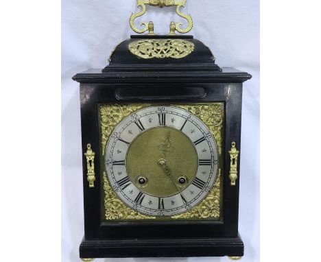 Ebonised chiming bracket clock, with pendulum, H: 31 cm. Not available for in-house P&P 