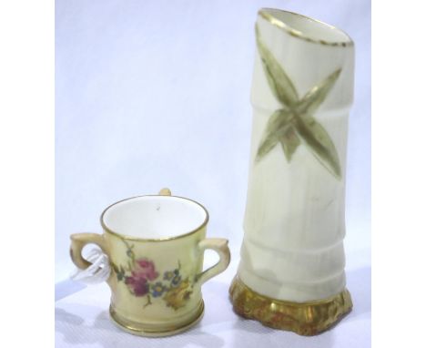 Two small pieces of marked Royal Worcester porcelain, a miniature hand painted floral tyg dated 1915 and a bamboo shaped, whi