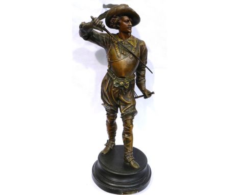 Bronzed spelter cavalier on a metal base, H: 45 cm. P&amp;P Group 3 (£25+VAT for the first lot and £5+VAT for subsequent lots