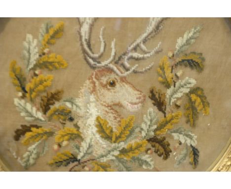 Gilt framed Victorian tapestry of a deer, D: 32 cm. Not available for in-house P&amp;P 