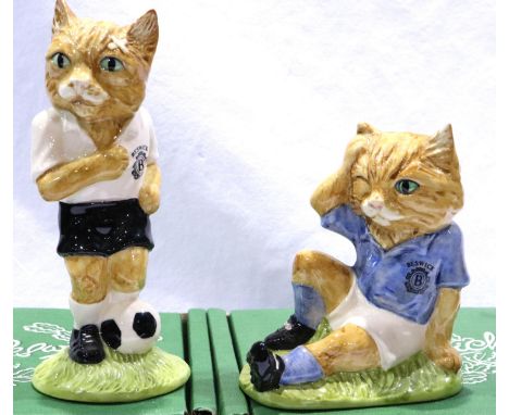 Two boxed Beswick limited edition football felines, Dribble and Mee-ouch, 1078 and 1445/1500 with certificates, largest H: 15