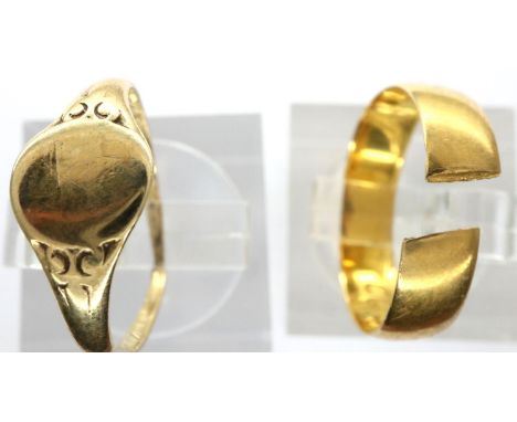 22ct gold band (cut), 2.3g, with a 9ct gold signet ring, size J/K, 0.8g, slightly off round. P&amp;P Group 1 (£14+VAT for the