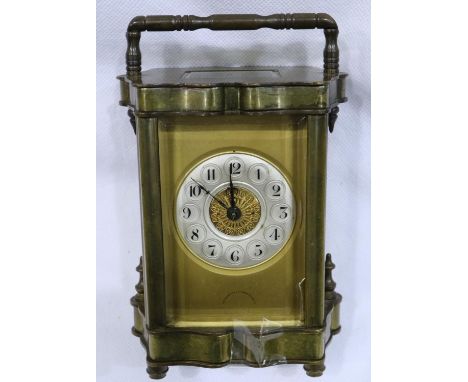 Goldsmiths and Silversmiths carriage clock by Julus Roles Paris, working at lotting, slight damage to glass panel. P&amp;P Gr