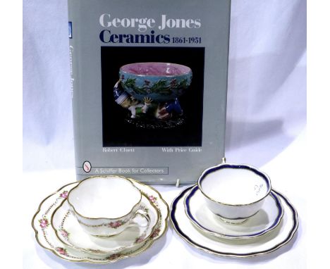 Two George Jones Crescent china trios and a George Jones ceramic price guide, no chips or cracks. P&amp;P Group 2 (£18+VAT fo