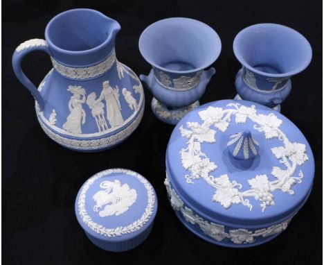 Wedgwood Jasperware lidded powder pot, D: 13 cm, two miniature urn vases, a further lidded pot and jug, H: 14 cm, no chips or