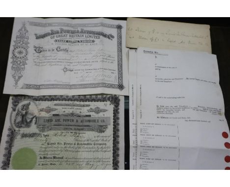 Two Liquid Air, Power and Automobile co shares certificates from 1902 and 1904 and other related ephemera. P&amp;P Group 1 (£