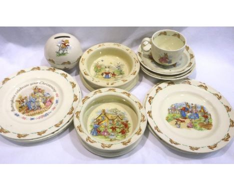 Twelve pieces of Royal Doulton Bunnykins ceramics, including a money box, largest D: 19 cm, no chips or cracks. P&amp;P Group