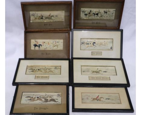 Seven framed hunting Stevengraphs, largest 15 x 6 cm. P&amp;P Group 3 (£25+VAT for the first lot and £5+VAT for subsequent lo