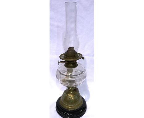 Victorian brass paraffin lamp decorated with storks. Not available for in-house P&amp;P 