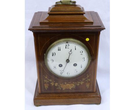 Edwardian inlaid mantel clock lacking pendulum, H: 27 cm. P&amp;P Group 2 (£18+VAT for the first lot and £3+VAT for subsequen