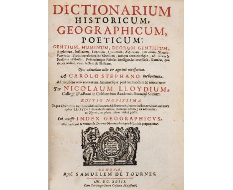 Estienne (Charles) & Nicolas Lloyd. Dictionarium Historicum, Geographicum, Poeticum, title in red and black, engraved initial
