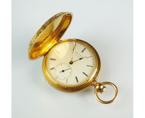 A 19th century yellow metal American full hunter pocket watch, the white enamel dial with black Roman numerals and subsidiary