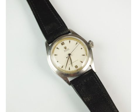 A Gentleman's stainless steel Rolex Oyster wristwatch, the white dial with batons and sweep seconds hand, model No. 6082, ser
