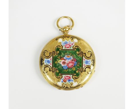 A Lady's mid 19th century yellow metal and polychrome enamel fob watch, stamped '18k', the decorative champagne dial with bla