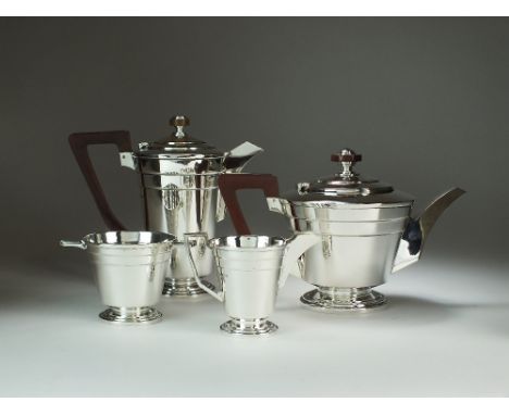 An Art Deco four piece silver tea service, Walker & Hall, Sheffield 1943, each piece of tapering circular stepped form, compr