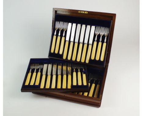 A Victorian cased set of silver fish knives and forks, Harrison Brothers & Howson, Sheffield 1884 & 85, comprising eighteen k