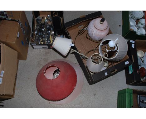 Two boxes of miscellaneous items:  lamp bases, shades and cutlery.