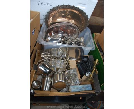 Two boxes of metalware, an oval tray, candle holders, plated coffee set, pewter mug etc.