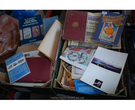 Two boxes of souvenir newspapers, Post Office book Herefordshire, postcard guide book, etc.,