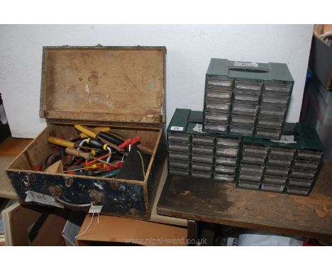Three 15 drawer workshop tool boxes, plus a quantity of hand braces, hand tools, etc.,
