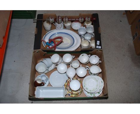 Two boxes of cups/saucers, meat plates, etc.,