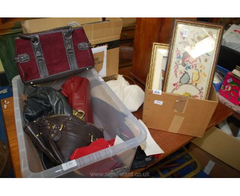 A quantity of handbags, leather gloves, tapestry picture, etc.