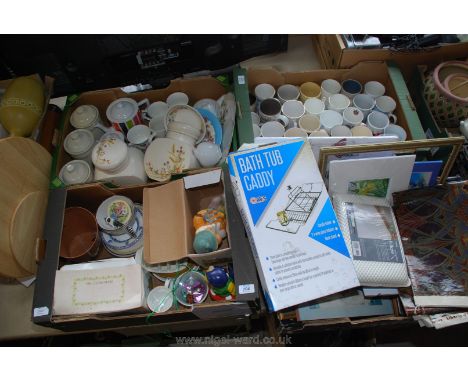 Four boxes of miscellaneous china also including St. Michael storage jars, bath tub caddy, bread boards etc.
