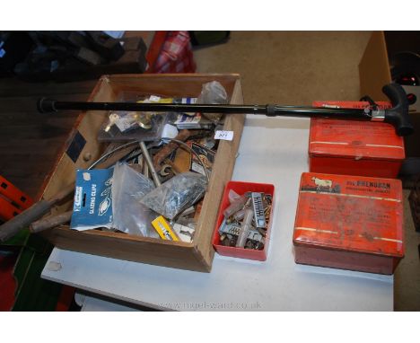 A drawer of various hand tools, clout nails, door knocker, walking stick, etc.,