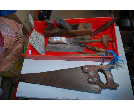 A tray of Spear &amp; Jackson saws, a plane, a hammer, trowels, etc.,