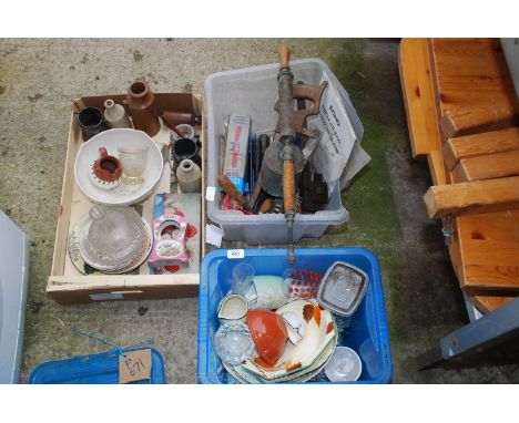 A box of various china, stoneware jars, brass garden sprayer foot pump, tools, etc.,