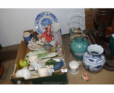 A box of various china;  figures, table lamp etc., most a/f.