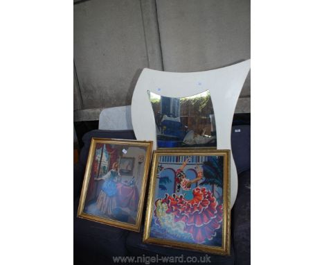 A painted wooden mirror and two tapestry style pictures.