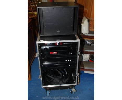 Denon amplifier etc, sub woofer housed in an aluminum flight case